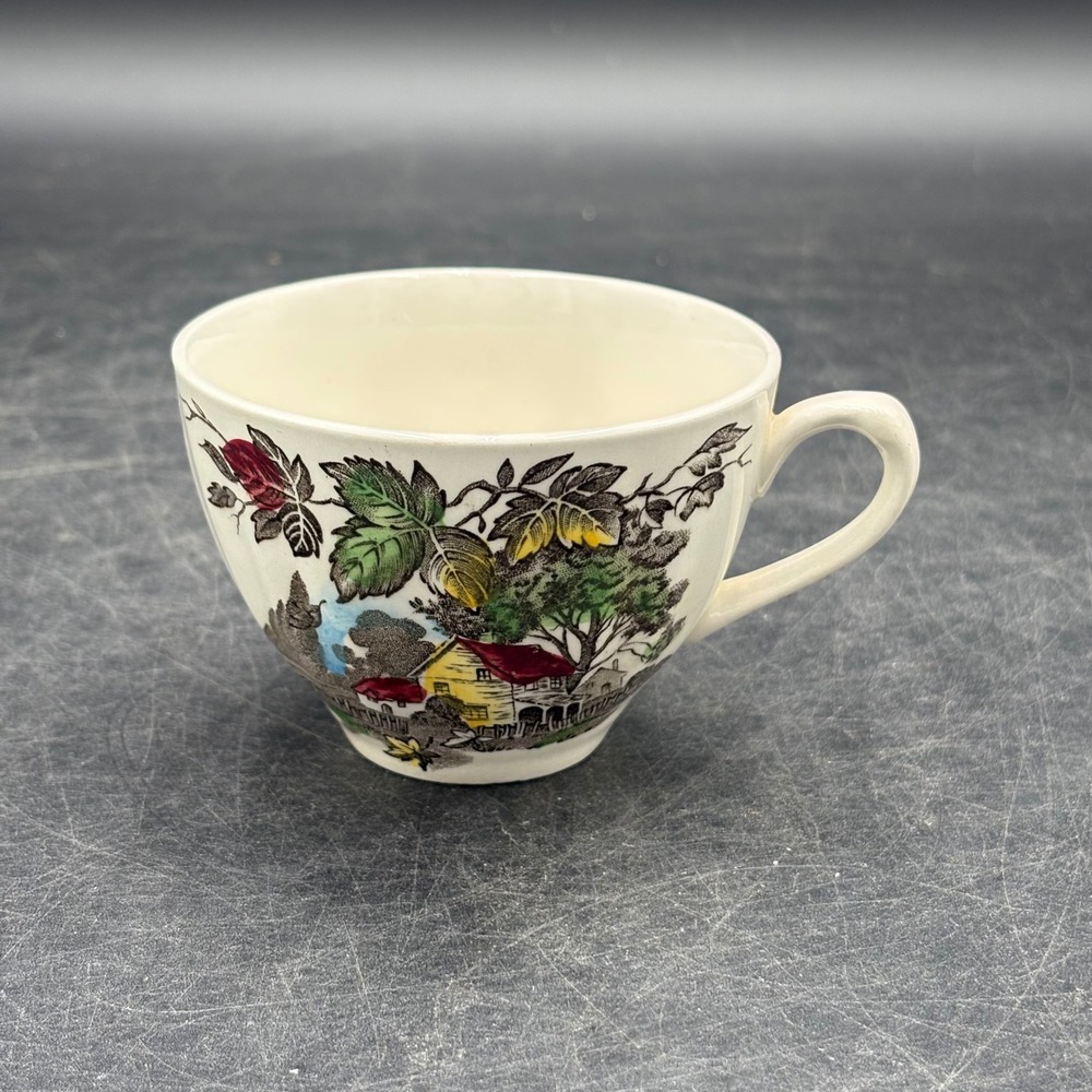 Vintage Multi Color Cottage Scene Tea Cups Set of 4 Transferware Autumn Leaves